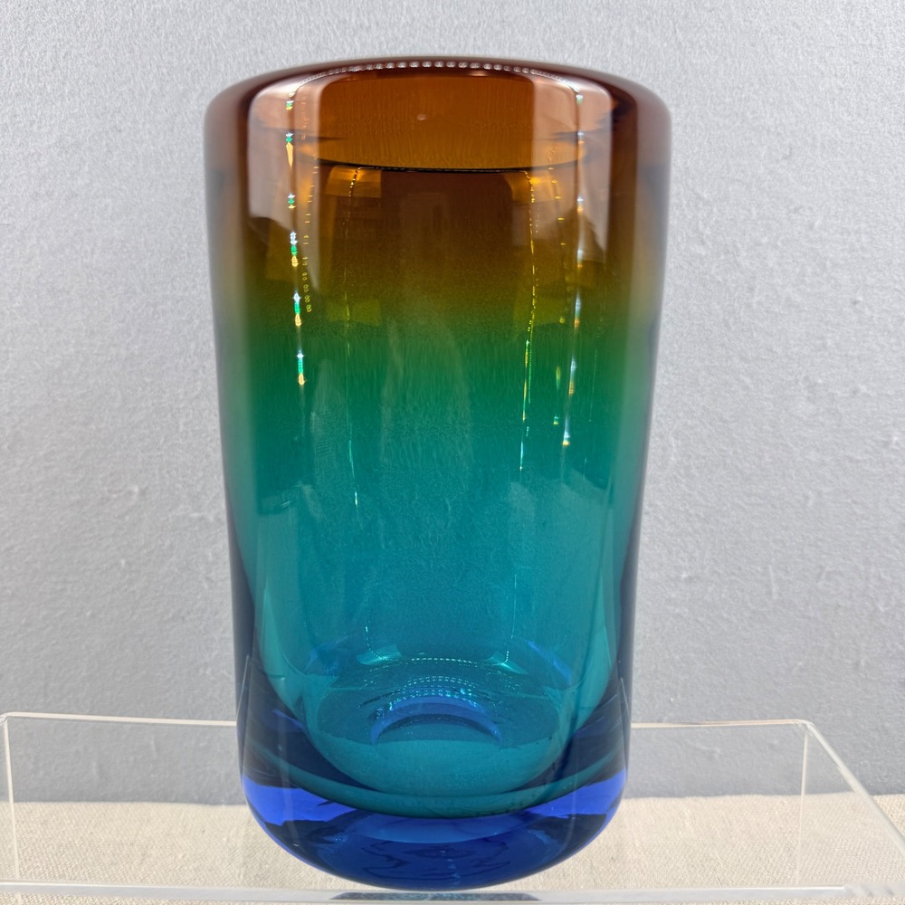 VTG Gösta Sigvard Lindshammar Sweden Tri-Color Art Glass Vase Amber Blue MCM 7"